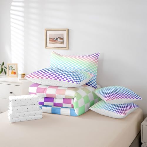 jejeloiu Ombre Colorful Plaid Comforter Set with Sheets 7 Piece Full Size