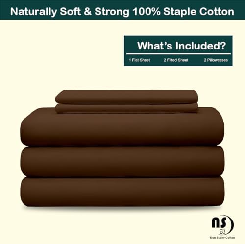 NON Sticky cotton Adjustable Split King Sheet Set for Sleep Number Beds, Premium 100% Long Staple Cotton Bedding, Two Twin XL 39" X 80" Fitted Sheets Fits Up to 18" Deep Mattress, Chocolate Solid