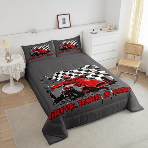 Erosebridal Go Kart for Kids Comforter Set Boys Drift Kart Bedding Set,Youth Karting Extreme Sport Quilt Black and White Buffalo Checked Duvet Insert,Red Race Car Bedroom Decor King Size