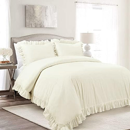 Lush Decor Reyna Ruffle Cotton Duvet Cover Set 3 Piece Set Full/ Queen, Ivory - Queen Size Bedding Set - Cream Duvet Queen- Ruffled Bedding - Coquette Decor
