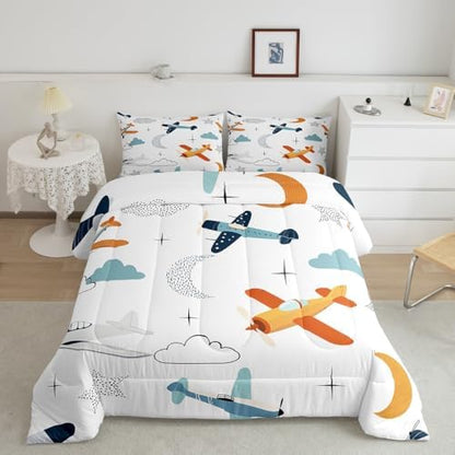 Kids Hand Drawn Airplane Comforter Set Queen Size for Child Boys Girls Room Decor,Cartoon Starry Moon Cloud Bedding Set,Teens Sky Flying Transport Plane Quilt Set White Vivid Duvet Insert 3pcs