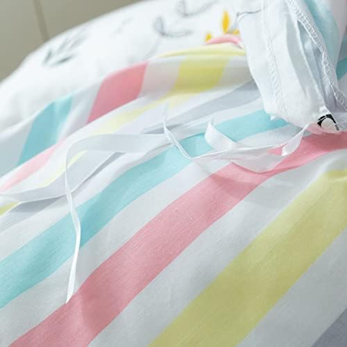 mixinni Girls Flower Leaves Pattern on White Duvet Cover Twin Size Colorful Striped Bedding Comforter Cover Set with Zipper Closure 4 Corner Ties for Teenage Girls (1 Duvet Cover + 2 Pillowcases)