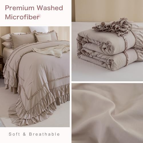 Masaca Oversized King Comforter 120x120,3 Pieces Farmhouse Ruffle Bedding Comforter Set,Taupe Shabby Boho Chic Cal King Comforter Oversized,Lightweight Rustic Bedding Set Ultra Soft