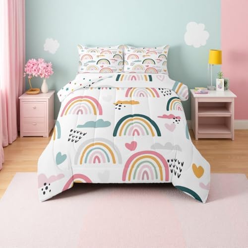 Rainbow Comforter Set Cartoon Rainbow Bedding Set King Size for Kids Girls Boys Nursery Toddler Hand Drawn Iridescent Print Down Comforter Colorful Clouds Love Heart Quilt Duvet Set 2 Pillow Cases