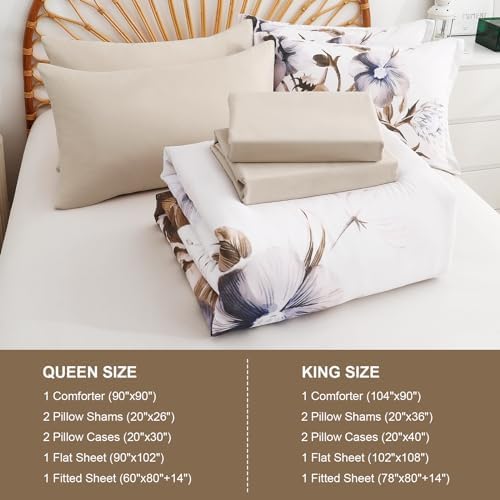 Luxudecor Floral Comforter Set King Size 7 Piece, Beige Flower Bed in a Bag, Elegant Comforter Bedding Set for All Season (Beige, 104"x90")