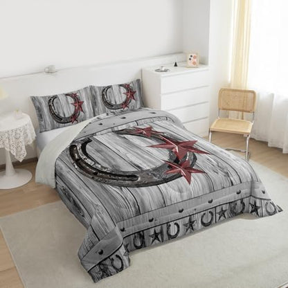 Castle Fairy Grey Rustic Barn Comforter Set Western Cowboy Horseshoe Bedding Set Queen Size for Kids Boys Adults Teens Room Decor Vintage Farmhouse Wooden Quilt Set Star Horseshoe Duvet Insert 3pcs