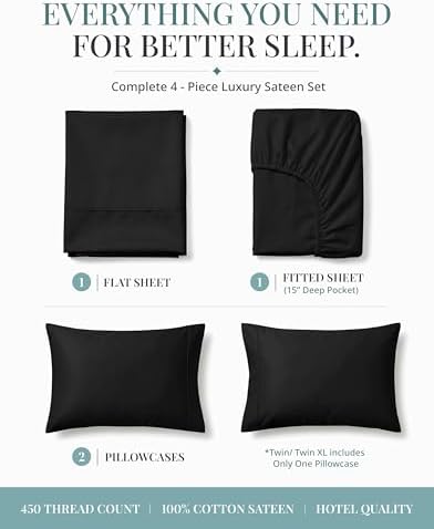 LANE LINEN 450TC Cotton Queen Sheets - Silky Smooth Sateen Weave, Black