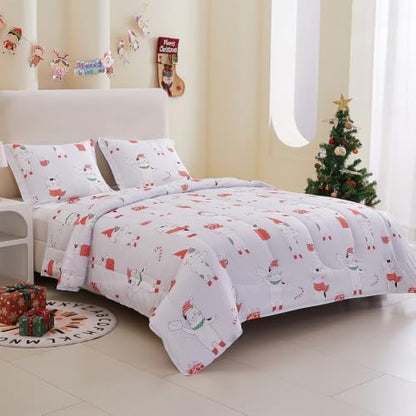 Yibeizi Kids Christmas Bed Comforter Set Twin Cute Cat Printed Xmas Bedding