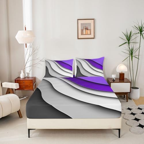 Feelyou Abstract Ombre Purple Grey White Bed Sheets Men Adults Teens Ocean Waves Striped Sheet Set Kids Boys Girls Modern Gradient Contemporary Bed Set Bedroom Collection 4Pcs Full Size