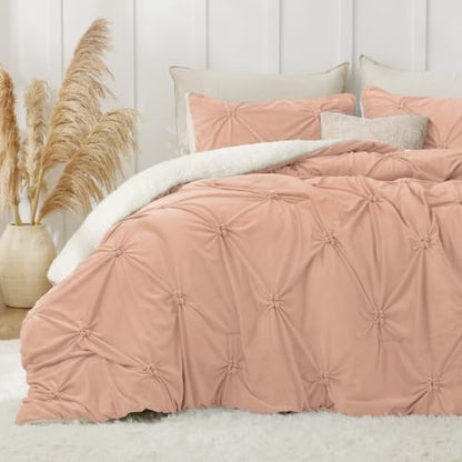 BEDELITE Fluffy Sherpa Queen Comforter Set,Pintuck-Dusty Pink