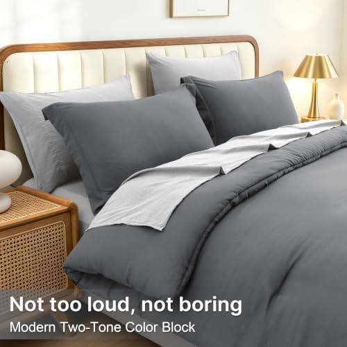 Prewashed Cal King Comforter Set 7 Pieces, Grey Bed Set