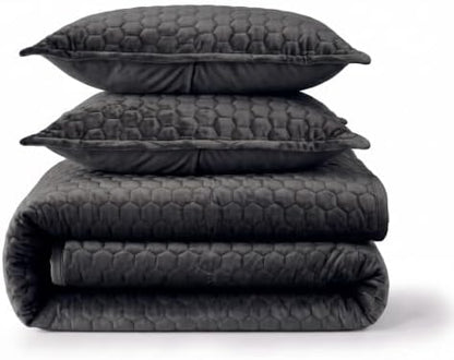 Tribeca Living Lugano Oversized Velvet Quilt Set - All Season, Extra Large, 2 Piece Twin Size Comforter Set with 1 Pillow Sham in Steel Grey Honeycomb Pattern 260GSM