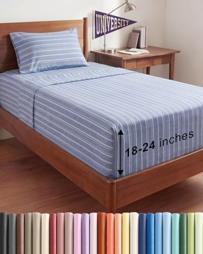 Extra Deep Twin XL Sheet Set - 3 Piece College Dorm Room - Blue Stripes