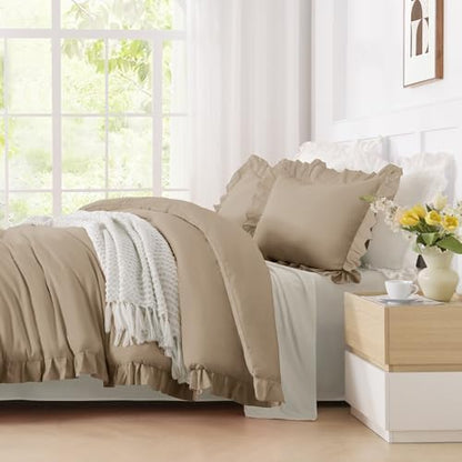 Andency Taupe Ruffle Comforter Twin XL, 2 Pieces Solid Farmhouse Bed