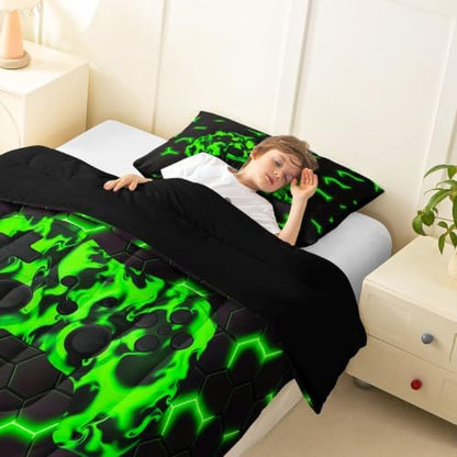 Erosebridal Gamer Comforter Set for Boys & Teens - Geometric Honeycomb Hexagon Pattern - Twin Size Gaming Bedding Set - Green & Black Duvet Set