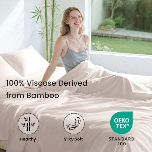 Love's cabin 3 Piece Twin Sheet Set, 100% Rayon Derived from Bamboo, Cooling & Breathable, Soft Silky Deep Pocket up to 16", Hotel Luxury Bedding for Hot Sleepers, Sand