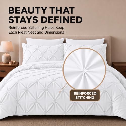 HIMEET Twin XL Comforter Set White - 5 Pieces Pintuck Bed in a Bag
