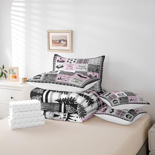 Erosebridal 7 Piece Rv Camper Full Comforter Set for Kids Girls,Happy Camping Bedding Set for Bunk Travel Trailers,Pink Buffalo Plaid Patchwork Bed Set with Sheets,Woodland Rustic Cabin Bed in a Bag