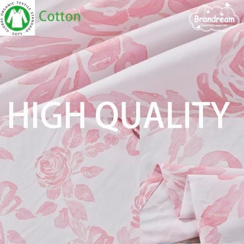 Brandream Organic Cotton Crib Skirt Dust Ruffle, Baby Girl Crib Bed Skirt, 4-Sided, Luxury French Vintage Pink Rose Floral & Bow Cottagecore Toddler Bedskirt Farmhouse Chic Nursery Bedding Skirt