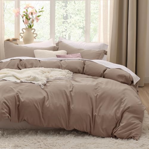 Bedsure Prewashed Duvet Cover Queen, Cotton-Like Soft Bedding Set, Khaki