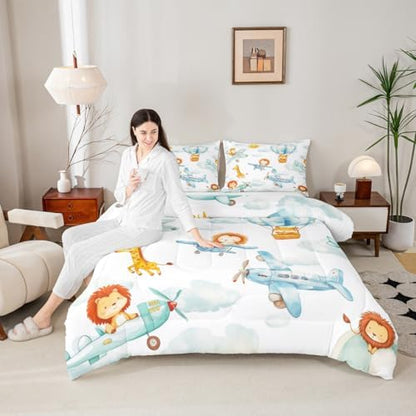 Erosebridal Cute Airplane Bedding Set Toddler, Cartoon Aircraft Comforter Set, Lovely Lion Giraffe Hamster Wild Animals Comforter, White Cloud Quilt for Boys Kids Girls Teens Adults Bedroom