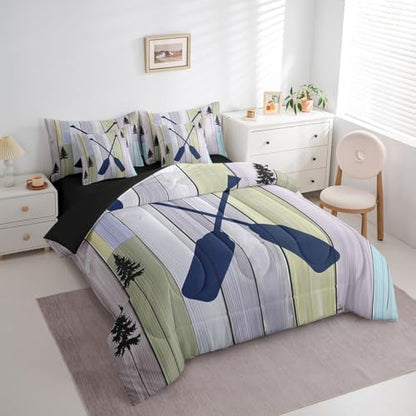 Erosebridal Rustic Farmhouse 7 Pieces Bedding Sets Old Barn Door Twin Comforter Set with Sheets for Boys Girls Kids Room Decor Blue Lake Paddle Decor Bed in a Bag Bed Set Reversible