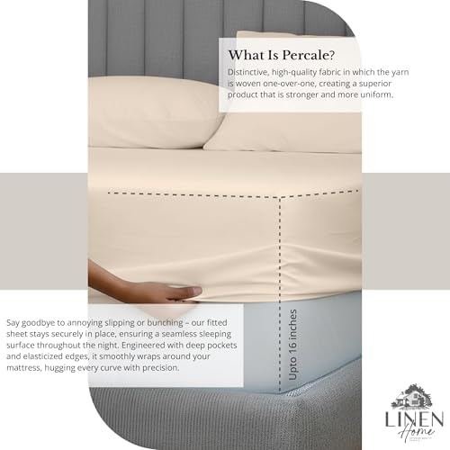 Linen Home 6 Piece Full Size Cotton Sheet Set, 100% Cotton Percale, 4 Pillowcases, Deep Pocket with All Around Elastic Sheet, Crisp Breathable Bedding, Hotel Luxury, Long-Staple Combed Cotton, Ivory