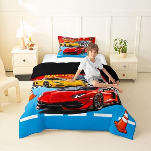 Feelyou Boys Race Car Bedding Set Soft for Boys Girls, Speed Sports Car Comforter Set Toddler Size Racing Duvet Quilt Microfiber Extreme Sports Bedroom Decor Automobile 2 Pcs with 1 Pillow Cases