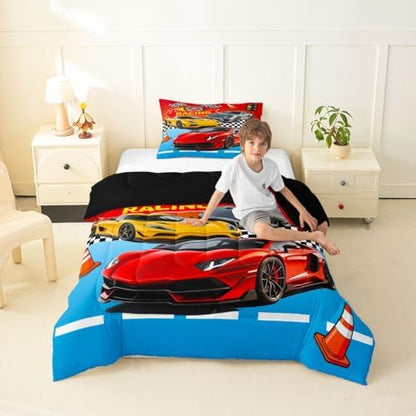 Feelyou Boys Race Car Bedding Set Soft for Boys Girls, Speed Sports Car Comforter Set Toddler Size Racing Duvet Quilt Microfiber Extreme Sports Bedroom Decor Automobile 2 Pcs with 1 Pillow Cases