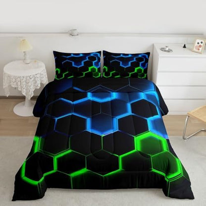 Castle Fairy Honeycomb Bedding Comforter Set Queen Size,Hexagon Theme with Green Blue Neon Lights Quilt Set,Boys Teen Man Chic Creative Home Bedding Set 3pcs Duvet Insert with 2 Pillowcases,Black