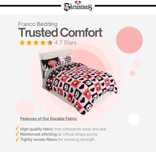 Skelanimals Bedding 7 Piece Full Bed Set, Soft Checkered Comforter and Sheet Set with Sham, Kit The Cat, (Officially Licensed Product) by Franco Collectibles
