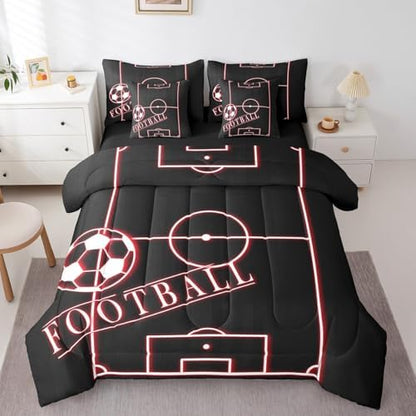 Sports King Comforter Set 7 Pieces for Toddler Boys Football Bedding Comforter Sets, Neon Glowing Red Bed in a Bag Sport Theme Bedding Set, Black Red Bed Sheets Set Microfiber (Black Reversible)