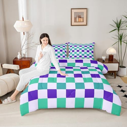 Checkered Geometric Kids Comforter Set Toddler Size Teal Blue Purple Plaid Bedding Set Checkerboard Modern Aesthetic Duvet Quilt for Kids Boys Girls Bedroom Reversible Grey Decor