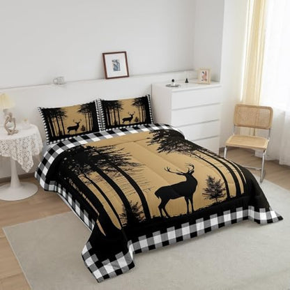 Erosebridal Deer Hunting Down Comforter for Kids, Rustic Elk Moose Quilt Queen Size, Black White Checkered Plaid Bedding Set Country Farmhouse Tree Comforter Set for Boys Teens Adult Bedroom Decor