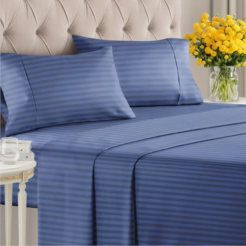 Full 4 Piece Striped Sheet Set - Soft, Breathable & Cooling - Blue Stripes