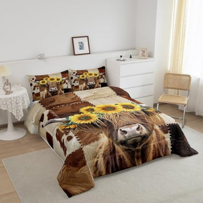 Highland Cow Comforter Set Queen Size,Brown Cow Fur Print Bedding Set 3Pcs for Kids Girls Boys Adult Room Decor,Sunflower Botanical Quilt Set Rustic Farm Animals Duvet Insert,2 Pillowcases