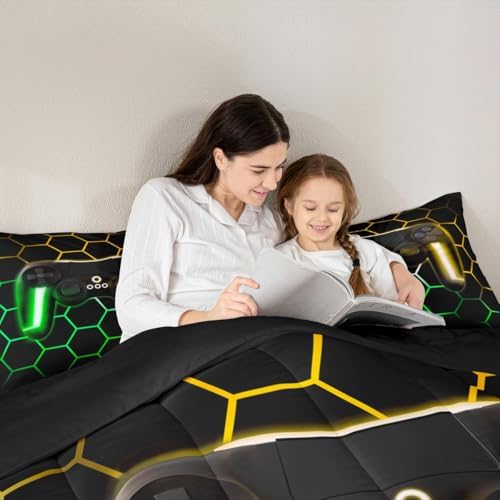 Erosebridal Gaming Bedding Sets for Boys Twin Gamer Comforter Sets with Glitter Honeycomb Printed,Neon Light Game Console Quilted Duvet,Geometric Honeycomb Diamond Down Alternative Comforter 2pcs