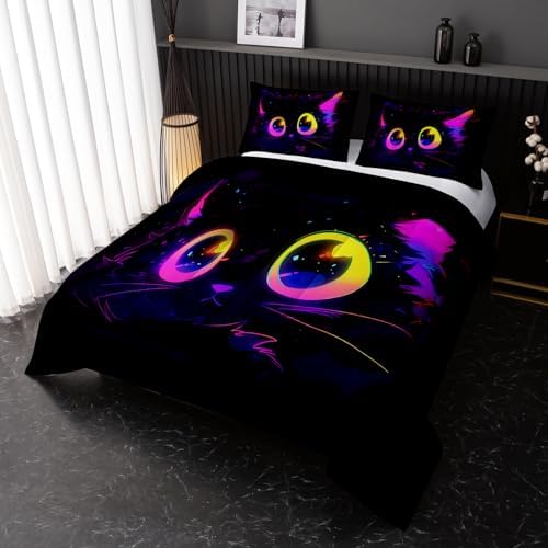 Nttopship Cute Cat Kids Comforter Set Queen Size 3pcs Black in Dark 3D Digital Animals Printed Pattern Comforter Set for Kids Boys Girls Adults Animal Print Room Decor Comforter with 2 Pillowcases