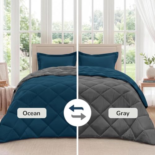 downluxe California King Comforter Set Soft Reversible 3 Pieces, Ocean/Gray