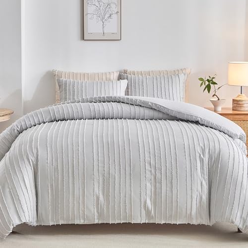 WARMDERN Lightgrey Boho Duvet Cover Queen Size, Striped Tufted Bedding Set