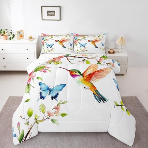 jejeloiu Hummingbird Comforter Set Toddler Size Kids Tropical Birds Bedding Set Boys Girls Flowers Leaves Spring Duvet Breathable Botanical Floral Quilt Bedroom Decor,1 Comforter with 1 Pillowcase