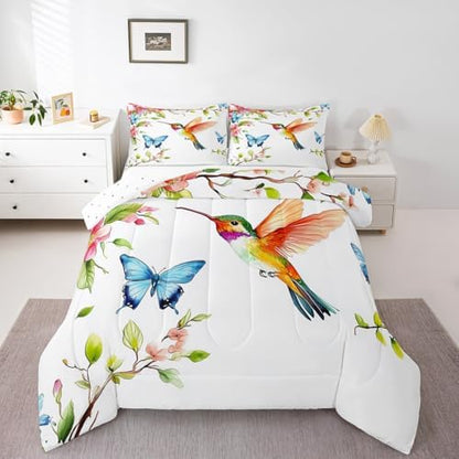jejeloiu Hummingbird Comforter Set Full Size Kids Tropical Birds Bedding Set Boys Girls Teens Flowers Leaves Spring Duvet Breathable Botanical Floral Quilt Bedroom Decor,1 Comforter with 2 Pillowcase