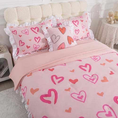 6 Pieces White Ruffle Comforter Set Twin Heart Bedding for Girls