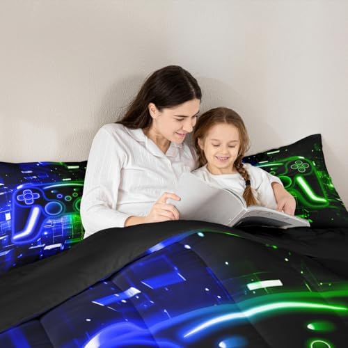 Erosebridal Gaming Comforter Set Gamer Girl Toddler Bedding Set, Neon Lights Video Game Consoles Comforter Blue Green Brick Cube Quilt,Video Game Decor