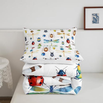Kids Dragonfly Down Comforter, Ladybug Insect Comforter Set Twin Size for Children Boys Girls Teens, Reptile Pattern Bedding Comforters Colorful Lightweight Duvet Insert Dragonfly Gifts for Women