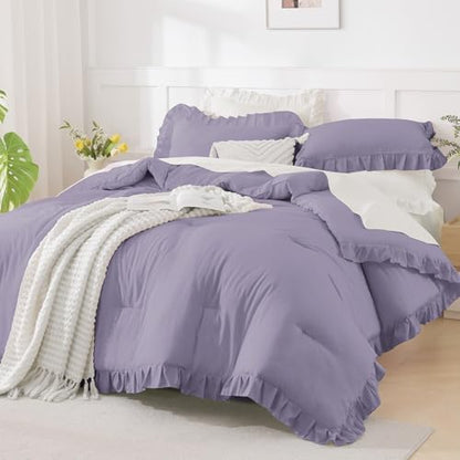 Andency Purple King Size Comforter Set, 3 Pieces Solid Farmhouse Bedding