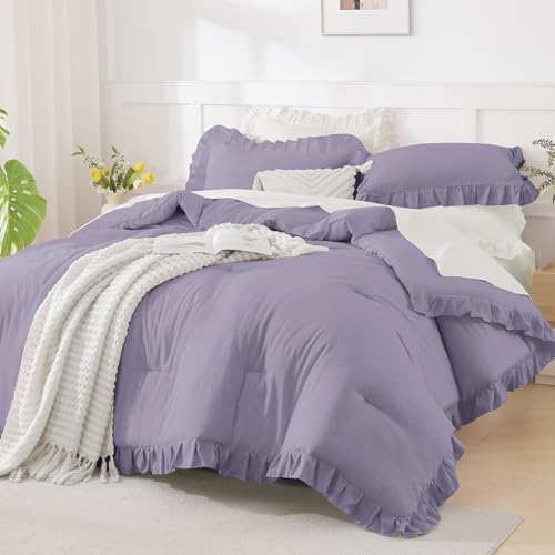 Andency Purple Ruffle Comforter Twin Size, 2 Pieces Soft Bed Set