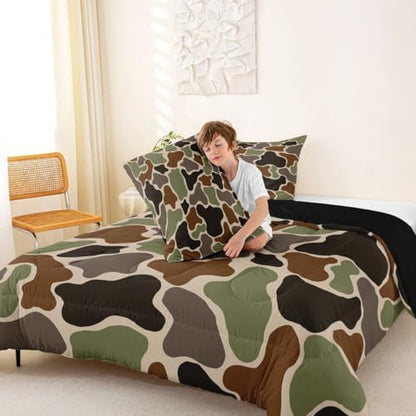 Feelyou Green Camo Kids Comforter Set Full Size Camouflage Hunting Bedding Set Military Style Duvet Quilt for Kids Boys Girls Bedroom Army Green Decor Microfiber Ultra Soft Breathable