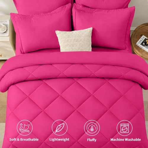 FUANNA King Size Comforter Set 7 PCS, Hot Pink Bed Set, Soft Bed in a Bag