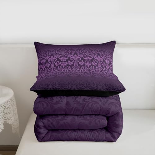jejeloiu Gothic Damask Kids Comforter Set Toddler Size Vintage Jacquard Bedding Set Purple Exotic Floral Duvet Quilt for Kids Boys Girls Bedroom Antique Classic Decor Microfiber Ultra Soft Breathable